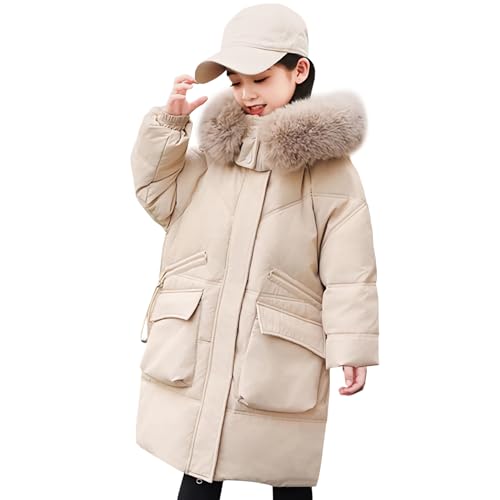 Amur Leopard Kinder Mädchen Daunenjacke Mittellange Winterjacke mit Fellkapuze Dicke Wintermantel Steppjacke Outwear, Khaki, 134-140 (Etikettengröße: 140) von Amur Leopard