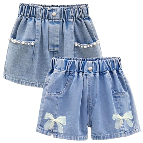 Amur Leopard Kinder Mädchen Jeans Shorts Denim Kurze Hosen 2er-Pack Lässige Dünne Shorts für Sommer, Blau A, 152-158 (Etikettengröße: 160) von Amur Leopard