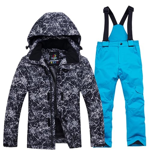 Amur Leopard Kinder Mädchen Skianzug 2 Teilig Skijacke mit Kapuze + Skihose Winddicht Wasserdicht Verfickte Schneeanzug Jungen, Schwarze Jacke+Blaue Hose A, 152-158 (Etikettengröße: XXL) von Amur Leopard