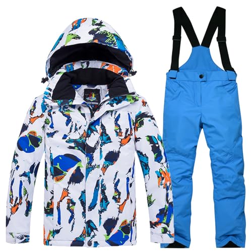 Amur Leopard Kinder Mädchen Skianzug 2 Teilig Skijacke mit Kapuze + Skihose Winddicht Wasserdicht Verfickte Schneeanzug Jungen, Weiße Blaue Jacke+Blaue Hose, 152-158 (Etikettengröße: XXL) von Amur Leopard