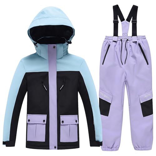 Amur Leopard Kinder Mädchen Skianzug 2tlg Skijacke + Skihose Winddichte wasserdichte Schneeanzug Jungen Verdickte Skianzüge, Schwarze Jacke+Lila Hose, 134-140 (Etikettengröße: L) von Amur Leopard