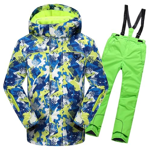Amur Leopard Kinder Mädchen Skianzug 2tlg Skijacke mit Kapuze + Skihose Winddicht Wasserdicht Schneeanzug Jungen Skianzüge, Blaue Jacke+Grüne Hose, 170-176 (Etikettengröße: 170/3XL) von Amur Leopard
