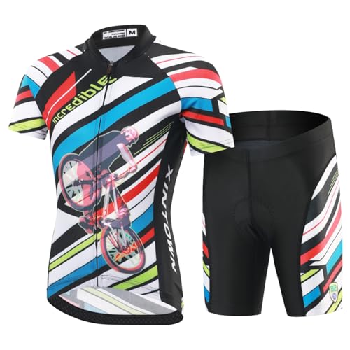 Amur Leopard Kinder Radtrikot Set Jungen Mädchen Fahrrad Trikot Kurzarm & Kurz Radhose mit 3D Sitzpolster Atmungsaktiv Radsport Bekleidung, Streifen-Set, 122-128(Etikettengröße: L) von Amur Leopard