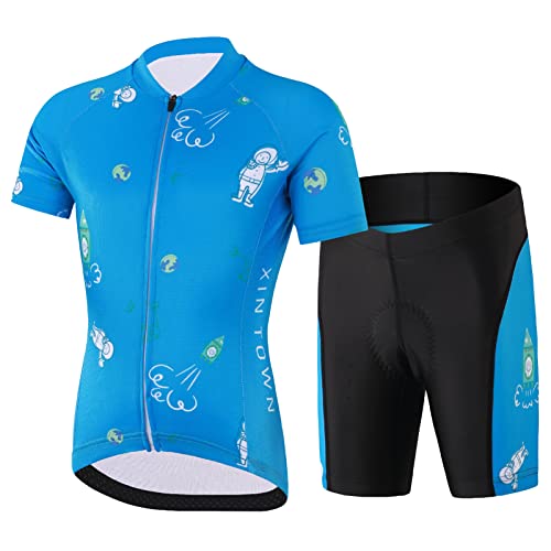 Amur Leopard Kinder Radtrikot Set Jungen Radsport Bekleidung Mädchen Fahrrad Trikot Kurzarm & Kurz Radhose mit Sitzpolster, Blau, 104-110 (Etikettgröße: S) von Amur Leopard