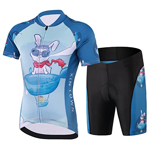 Amur Leopard Kinder Radtrikot Set Jungen Radsport Bekleidung Mädchen Fahrrad Trikot Kurzarm & Kurz Radhose mit Sitzpolster, Blau-Kaninchen, 152-158 (Etikettgröße: 3XL) von Amur Leopard