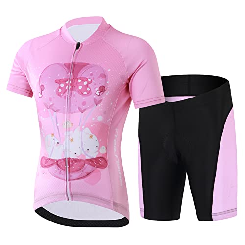 Amur Leopard Kinder Radtrikot Set Jungen Radsport Bekleidung Mädchen Fahrrad Trikot Kurzarm & Kurz Radhose mit Sitzpolster, Rosa-Kaninchen, 116 (Etikettgröße: M) von Amur Leopard