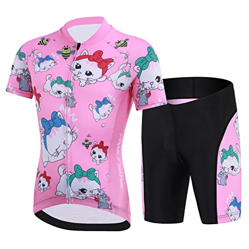 Amur Leopard Kinder Radtrikot Set Jungen Radsport Bekleidung Mädchen Fahrrad Trikot Kurzarm & Kurz Radhose mit Sitzpolster, Rosa-Katze, 122-128 (Etikettgröße: L) von Amur Leopard