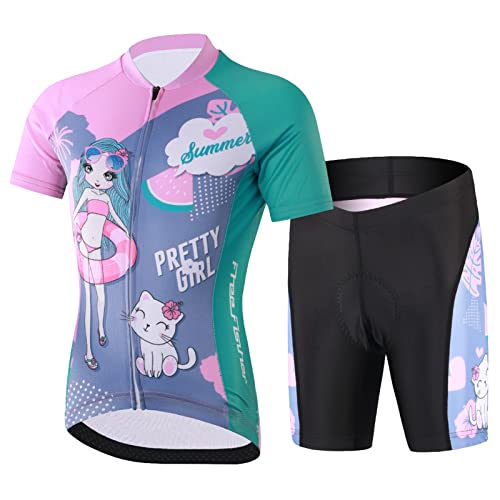 Amur Leopard Kinder Radtrikot Set Jungen Radsport Bekleidung Mädchen Fahrrad Trikot Kurzarm & Kurz Radhose mit Sitzpolster, Rosa-Mädchen, 146 (Etikettgröße: XXL) von Amur Leopard