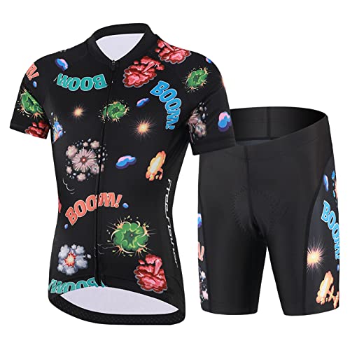 Amur Leopard Kinder Radtrikot Set Jungen Radsport Bekleidung Mädchen Fahrrad Trikot Kurzarm & Kurz Radhose mit Sitzpolster, Schwarz, 152-158 (Etikettgröße: 3XL) von Amur Leopard