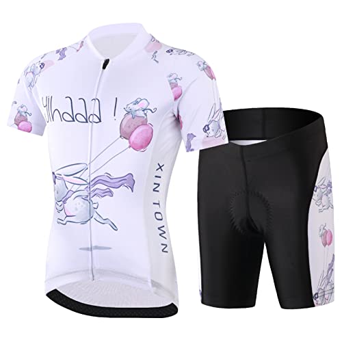 Amur Leopard Kinder Radtrikot Set Jungen Radsport Bekleidung Mädchen Fahrrad Trikot Kurzarm & Kurz Radhose mit Sitzpolster, Weiß, 104-110 (Etikettgröße: S) von Amur Leopard