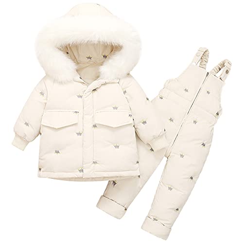 Amur Leopard Kinder Schneeanzug Baby Jungen Mädchen 2 Stück Skianzug Daunenjacke mit Kapuze & Schneehose Winddicht Winter Skijacke Skihose Outfits Daunenanzug, Beige, 74-80 von Amur Leopard