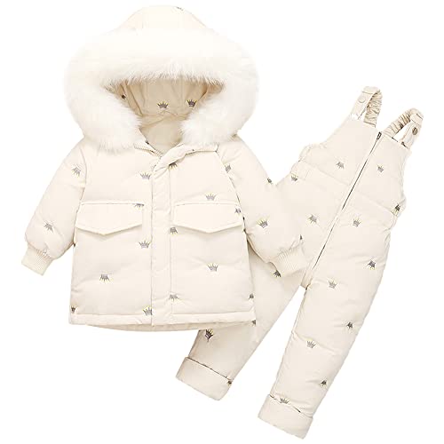 Amur Leopard Kinder Schneeanzug Baby Jungen Mädchen 2 Stück Skianzug Daunenjacke mit Kapuze & Schneehose Winddicht Winter Skijacke Skihose Outfits Daunenanzug, Beige, 74-80 von Amur Leopard