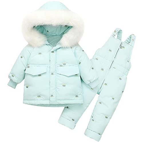 Amur Leopard Kinder Schneeanzug Baby Jungen Mädchen 2 Stück Skianzug Daunenjacke mit Kapuze & Schneehose Winddicht Winter Skijacke Skihose Outfits Daunenanzug, Hellgrün, 92-98 von Amur Leopard