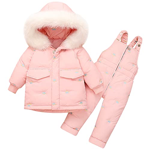 Amur Leopard Kinder Schneeanzug Baby Jungen Mädchen 2 Stück Skianzug Daunenjacke mit Kapuze & Schneehose Winddicht Winter Skijacke Skihose Outfits Daunenanzug, Rosa, 86 von Amur Leopard