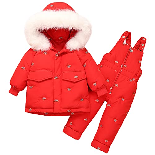 Amur Leopard Kinder Schneeanzug Baby Jungen Mädchen 2 Stück Skianzug Daunenjacke mit Kapuze & Schneehose Winddicht Winter Skijacke Skihose Outfits Daunenanzug, Rot, 92-98 von Amur Leopard