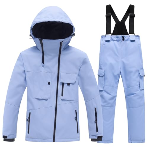 Amur Leopard Kinder Skianzug 2tlg Skijacke + Skihose Winddichte wasserdichte Schneeanzug Verdickte Warme Skianzüge Jungen Mädchen, Hellblaue Jacke+Hellblaue Hose, 134-140 (Etikettengröße: 140) von Amur Leopard