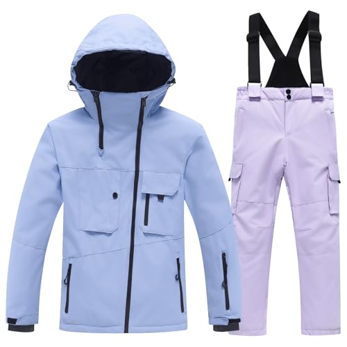 Amur Leopard Kinder Skianzug 2tlg Skijacke + Skihose Winddichte wasserdichte Schneeanzug Verdickte Warme Skianzüge Jungen Mädchen, Hellblaue Jacke+Lila Hose, 122-128 (Etikettengröße: 130) von Amur Leopard