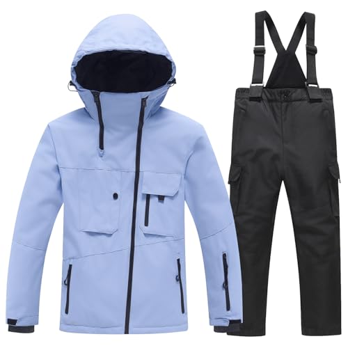 Amur Leopard Kinder Skianzug 2tlg Skijacke + Skihose Winddichte wasserdichte Schneeanzug Verdickte Warme Skianzüge Jungen Mädchen, Hellblaue Jacke+Schwarze Hose, 134-140 (Etikettengröße: 140) von Amur Leopard