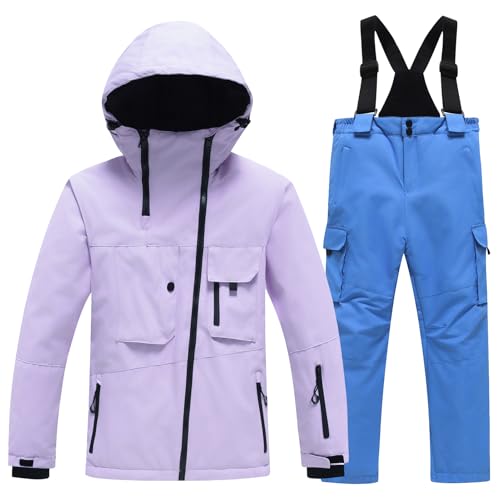 Amur Leopard Kinder Skianzug 2tlg Skijacke + Skihose Winddichte wasserdichte Schneeanzug Verdickte Warme Skianzüge Jungen Mädchen, Lila Jacke+Blaue Hose, 134-140 (Etikettengröße: 140) von Amur Leopard