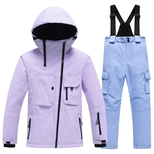 Amur Leopard Kinder Skianzug 2tlg Skijacke + Skihose Winddichte wasserdichte Schneeanzug Verdickte Warme Skianzüge Jungen Mädchen, Lila Jacke+Hellblaue Hose, 152-158 (Etikettengröße: 160) von Amur Leopard