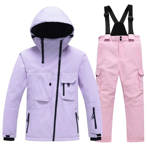 Amur Leopard Kinder Skianzug 2tlg Skijacke + Skihose Winddichte wasserdichte Schneeanzug Verdickte Warme Skianzüge Jungen Mädchen, Lila Jacke+Rosa Hose, 152-158 (Etikettengröße: 160) von Amur Leopard