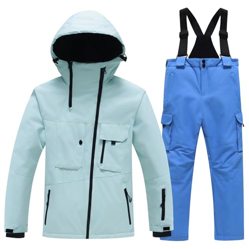 Amur Leopard Kinder Skianzug 2tlg Skijacke + Skihose Winddichte wasserdichte Schneeanzug Verdickte Warme Skianzüge Jungen Mädchen, Mintgrüne Jacke+Blaue Hose, 152-158 (Etikettengröße: 160) von Amur Leopard