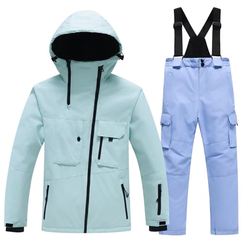 Amur Leopard Kinder Skianzug 2tlg Skijacke + Skihose Winddichte wasserdichte Schneeanzug Verdickte Warme Skianzüge Jungen Mädchen, Mintgrüne Jacke+Hellblaue Hose, 134-140 (Etikettengröße: 140) von Amur Leopard