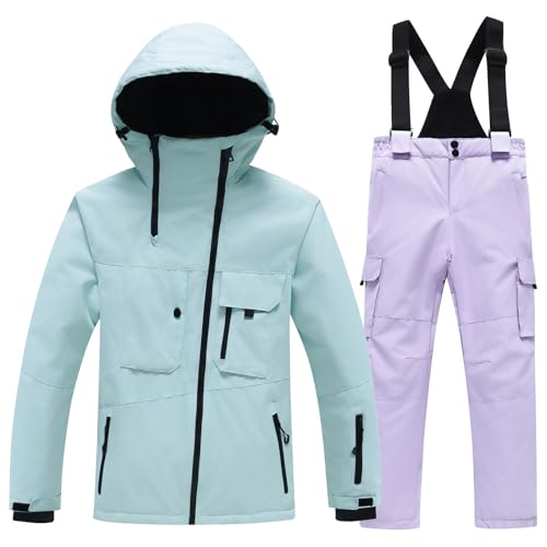 Amur Leopard Kinder Skianzug 2tlg Skijacke + Skihose Winddichte wasserdichte Schneeanzug Verdickte Warme Skianzüge Jungen Mädchen, Mintgrüne Jacke+Lila Hose, 134-140 (Etikettengröße: 140) von Amur Leopard