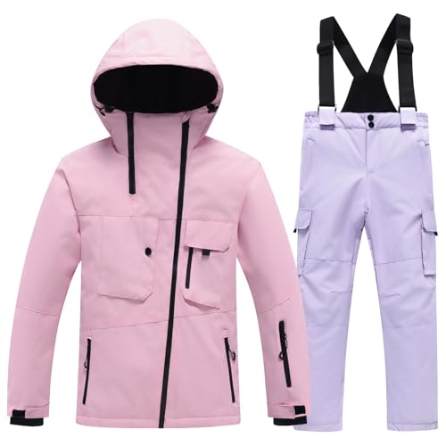 Amur Leopard Kinder Skianzug 2tlg Skijacke + Skihose Winddichte wasserdichte Schneeanzug Verdickte Warme Skianzüge Jungen Mädchen, Rosa Jacke+Lila Hose, 134-140 (Etikettengröße: 140) von Amur Leopard