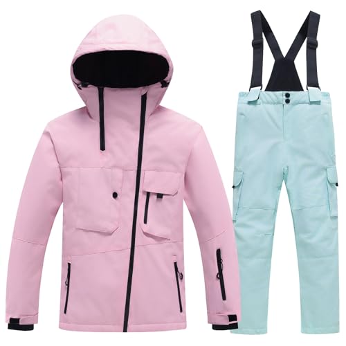 Amur Leopard Kinder Skianzug 2tlg Skijacke + Skihose Winddichte wasserdichte Schneeanzug Verdickte Warme Skianzüge Jungen Mädchen, Rosa Jacke+Mintgrüne Hose, 122-128 (Etikettengröße: 130) von Amur Leopard