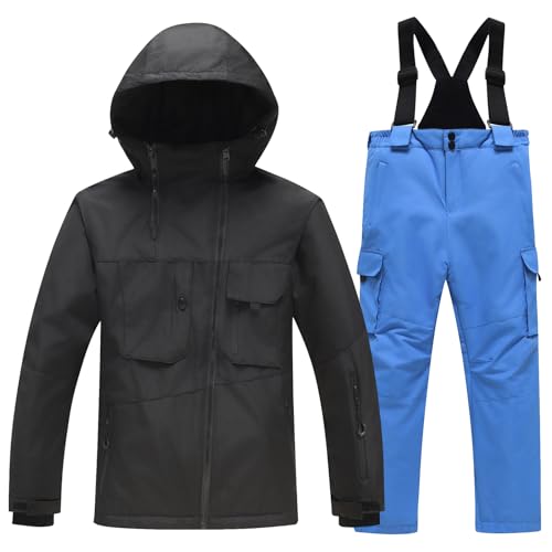 Amur Leopard Kinder Skianzug 2tlg Skijacke + Skihose Winddichte wasserdichte Schneeanzug Verdickte Warme Skianzüge Jungen Mädchen, Schwarze Jacke+Blaue Hose, 134-140 (Etikettengröße: 140) von Amur Leopard