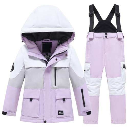 Amur Leopard Kinder Skianzug 2tlg Skijacke mit Kapuze + Skihose Winddicht Wasserdicht Schneeanzug Jungen Atmungsaktiv Skianzüge Mädchen, Lila, 134-140 (Etikettengröße: 140) von Amur Leopard