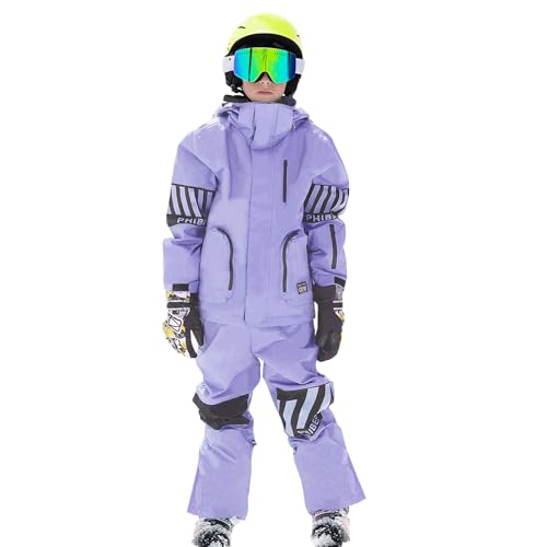 Amur Leopard Kinder Skianzug Set 2tlg Skijacke mit Kapuze + Skihose Jungen Mädchen Schneeanzug Verdickte Winddicht Wasserdicht Skianzüge, Lila, 122/128 von Amur Leopard