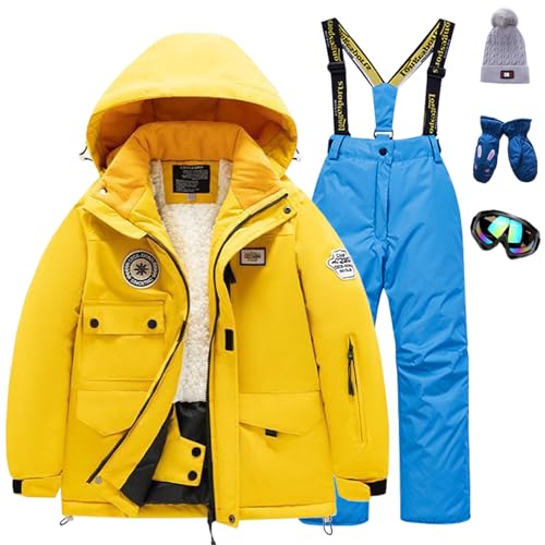Amur Leopard Kinder Skianzug Set Winddichte wasserdichte Schneeanzug 5tlg Skijacke+Skihose+Hut+Handschuh+Skibrille für Jungen Mädchen, Gelbe Jacke+Blaue Hose, 122-128 (Etikettengröße: 10) von Amur Leopard