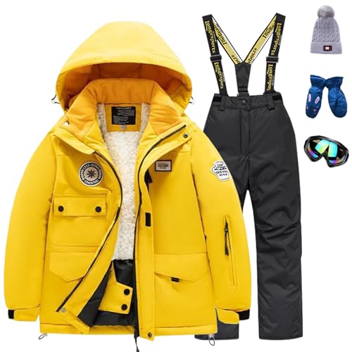 Amur Leopard Kinder Skianzug Set Winddichte wasserdichte Schneeanzug 5tlg Skijacke+Skihose+Hut+Handschuh+Skibrille für Jungen Mädchen, Gelbe Jacke+Schwarze Hose, 146 (Etikettengröße: 14) von Amur Leopard