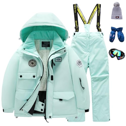 Amur Leopard Kinder Skianzug Set Winddichte wasserdichte Schneeanzug 5tlg Skijacke+Skihose+Hut+Handschuh+Skibrille für Jungen Mädchen, Mintgrüne Jacke+Mintgrüne Hose, 146 (Etikettengröße: 14) von Amur Leopard