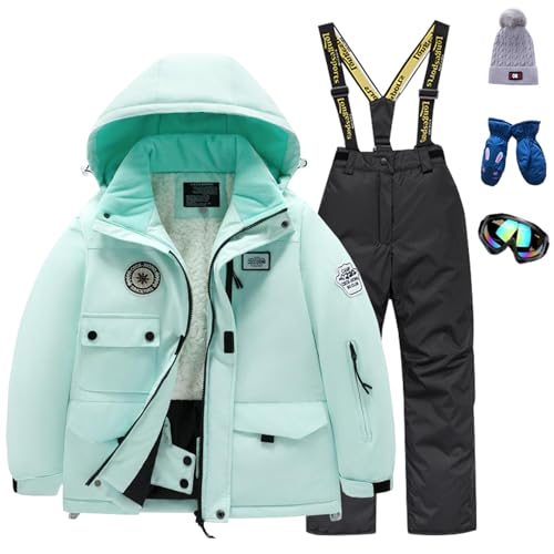 Amur Leopard Kinder Skianzug Set Winddichte wasserdichte Schneeanzug 5tlg Skijacke+Skihose+Hut+Handschuh+Skibrille für Jungen Mädchen, Mintgrüne Jacke+Schwarze Hose, 146 (Etikettengröße: 14) von Amur Leopard