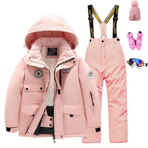 Amur Leopard Kinder Skianzug Set Winddichte wasserdichte Schneeanzug 5tlg Skijacke+Skihose+Hut+Handschuh+Skibrille für Jungen Mädchen, Rosa Jacke+Rosa Hose, 146 (Etikettengröße: 14) von Amur Leopard