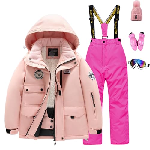 Amur Leopard Kinder Skianzug Set Winddichte wasserdichte Schneeanzug 5tlg Skijacke+Skihose+Hut+Handschuh+Skibrille für Jungen Mädchen, Rosa Jacke+Rosa Rote Hose, 104-110 (Etikettengröße: 6) von Amur Leopard