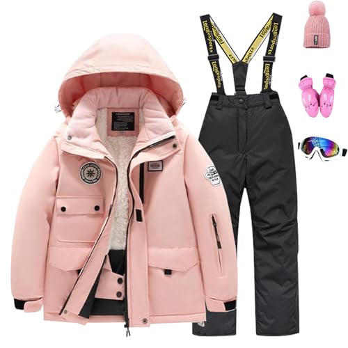 Amur Leopard Kinder Skianzug Set Winddichte wasserdichte Schneeanzug 5tlg Skijacke+Skihose+Hut+Handschuh+Skibrille für Jungen Mädchen, Rosa Jacke+Schwarze Hose, 146 (Etikettengröße: 14) von Amur Leopard
