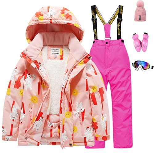 Amur Leopard Kinder Skianzug Set Winddichte wasserdichte Schneeanzug 5tlg Skijacke+Skihose+Hut+Handschuh+Skibrille für Jungen Mädchen, Rosa Jacke A+Rosa Rote Hose, 104-110 (Etikettengröße: 6) von Amur Leopard