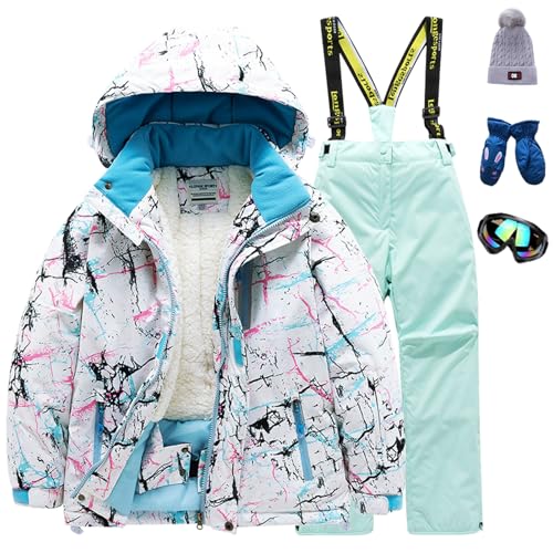 Amur Leopard Kinder Skianzug Set Winddichte wasserdichte Schneeanzug 5tlg Skijacke+Skihose+Hut+Handschuh+Skibrille für Jungen Mädchen, Weiße Jacke++Mintgrüne Hose, 122-128 (Etikettengröße: 10) von Amur Leopard
