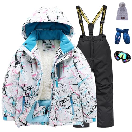 Amur Leopard Kinder Skianzug Set Winddichte wasserdichte Schneeanzug 5tlg Skijacke+Skihose+Hut+Handschuh+Skibrille für Jungen Mädchen, Weiße Jacke++Schwarze Hose, 152-158 (Etikettengröße: 16) von Amur Leopard