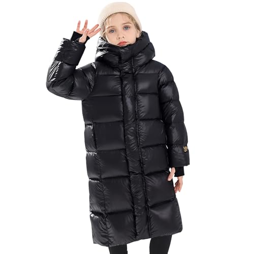 Amur Leopard Kinder Winter Steppjacke Mädchen Winterjacke Baumwollmantel mit Kapuze Dicke Warme Lange Wintermantel, Schwarz, 122-128 (Etikettengröße: 130) von Amur Leopard