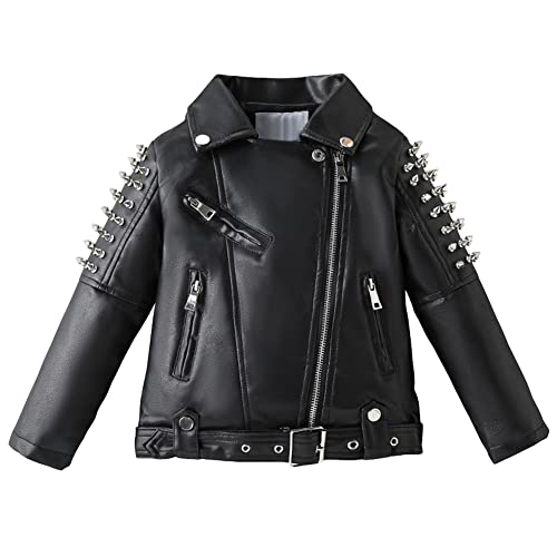 Amur Leopard Lederjacke Kinder Jungen PU Leder Jacke Mädchen Übergangsjacke Motorradjacke Bikerjacke Frühling Herbst, Schwarz, 116 (Etikettgröße: 120) von Amur Leopard