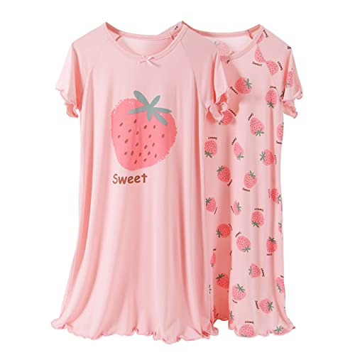 Amur Leopard Mädchen Nachthemd Kinder Prinzessin Nachthemden Pyjamas Nightdress Sleepwear Kurzarm Nachtkleider Schlafanzug, 2 Stück Rosa + Rosa, 152-158 (Etikettgröße:160) von Amur Leopard