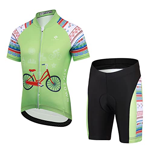 Amur Leopard Mädchen Radsport Fahrrad Trikot Jungen Radhose mit Polster Radtrikot Kinder Sport Shirt + Kurze Fahrradhose, Hellgrün(Radtrikot-Set), L von Amur Leopard