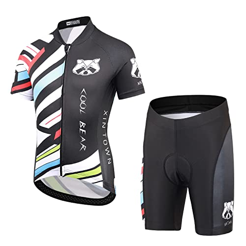 Amur Leopard Mädchen Radsport Fahrrad Trikot Jungen Radhose mit Polster Radtrikot Kinder Sport Shirt + Kurze Fahrradhose, Schwarz + Streifen(Radtrikot-Set), 2XL von Amur Leopard