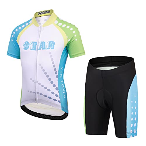 Amur Leopard Mädchen Radsport Fahrrad Trikot Jungen Radhose mit Polster Radtrikot Kinder Sport Shirt + Kurze Fahrradhose, Weiß(Radtrikot-Set), XL von Amur Leopard
