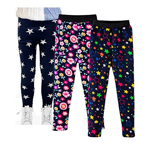 Amur Leopard Mädchen Thermoleggings Kinder Leggings Gefütterte Leggins Warm Hose Thermohose für Herbst Winter 3 teiliges, Blumen+Farbe Sterne+weiße Sterne, 8-9 Jahre von Amur Leopard